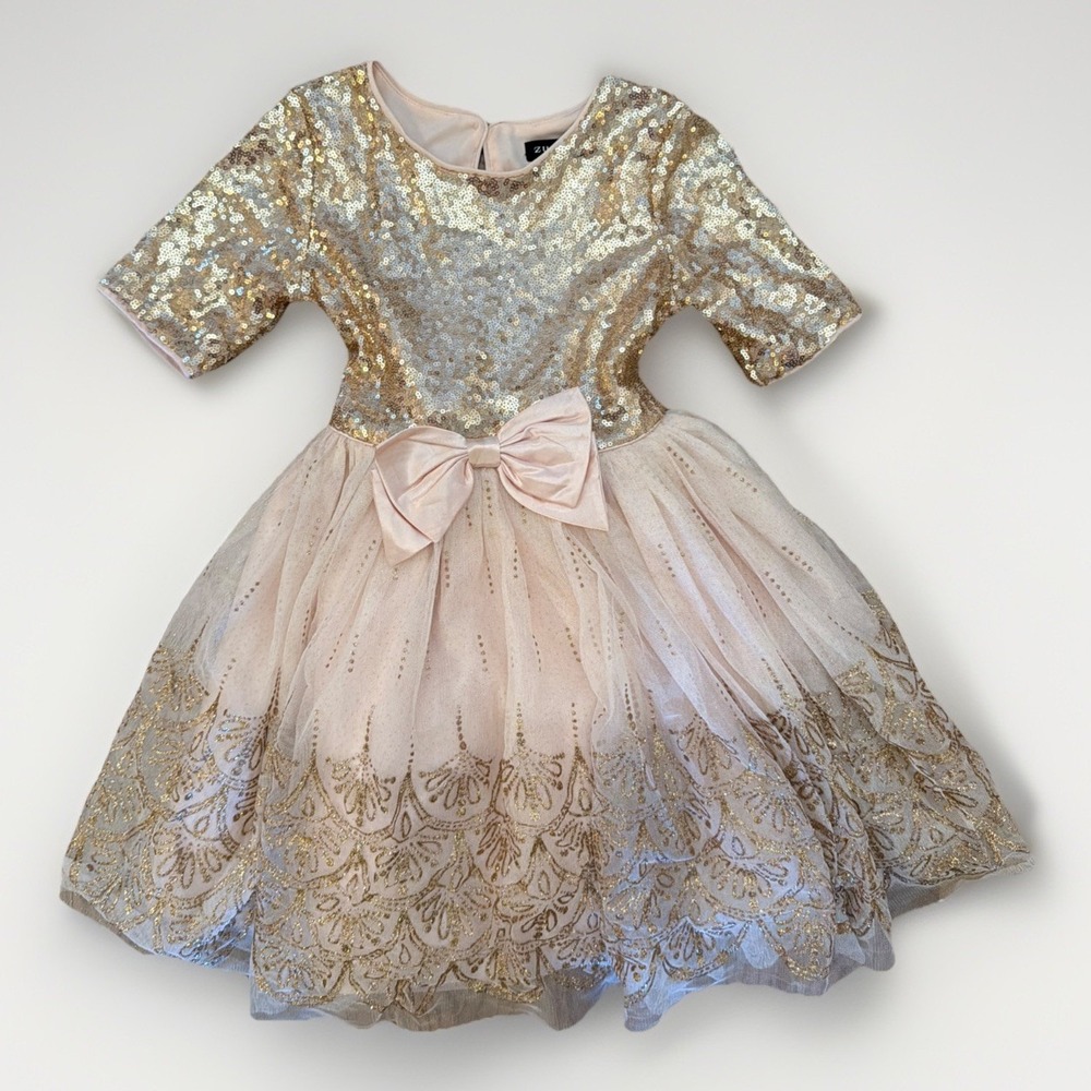 Zunie Girls' Fit' n Flare Whimsical Blush Tutu Sequin Gold  Design Sash Size 6